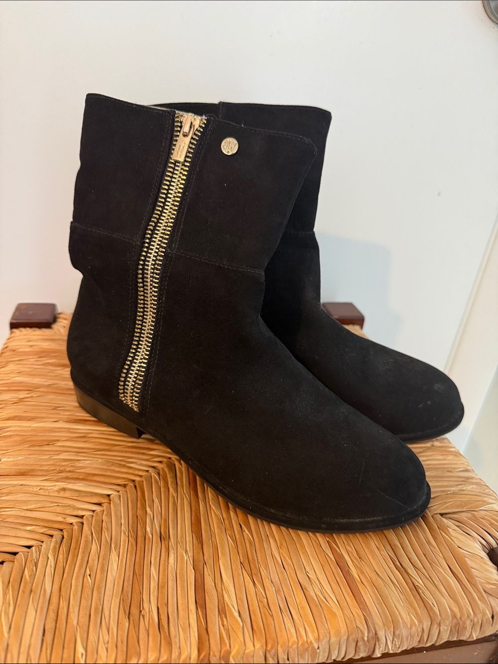 Stuart Weitzman Black Suede Ankle Boots with Gold Hardware